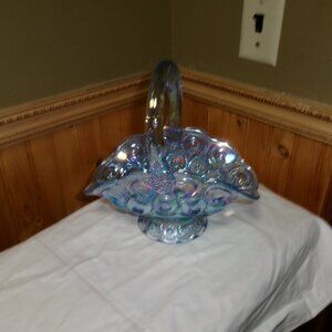 Rare blue Moon Star Iridescent carnival glass Basket beautiful 9 in x 9 in